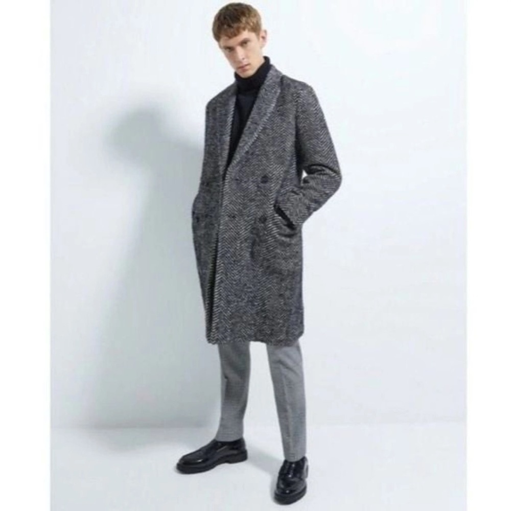 ZARA Man Sport MODA Gray Wool Double Breasted Pea coat Coat size L fits Medium